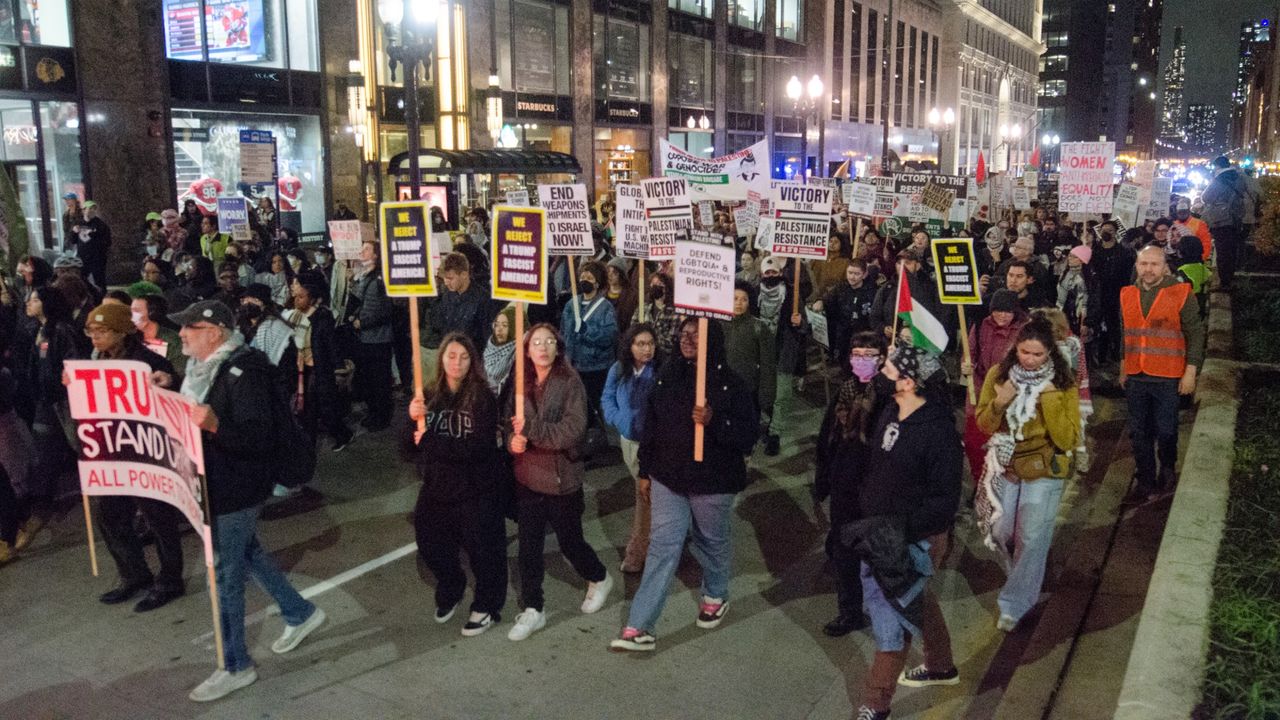 Protesters demanding a ceasefire in Gaza march through Chicago streets.