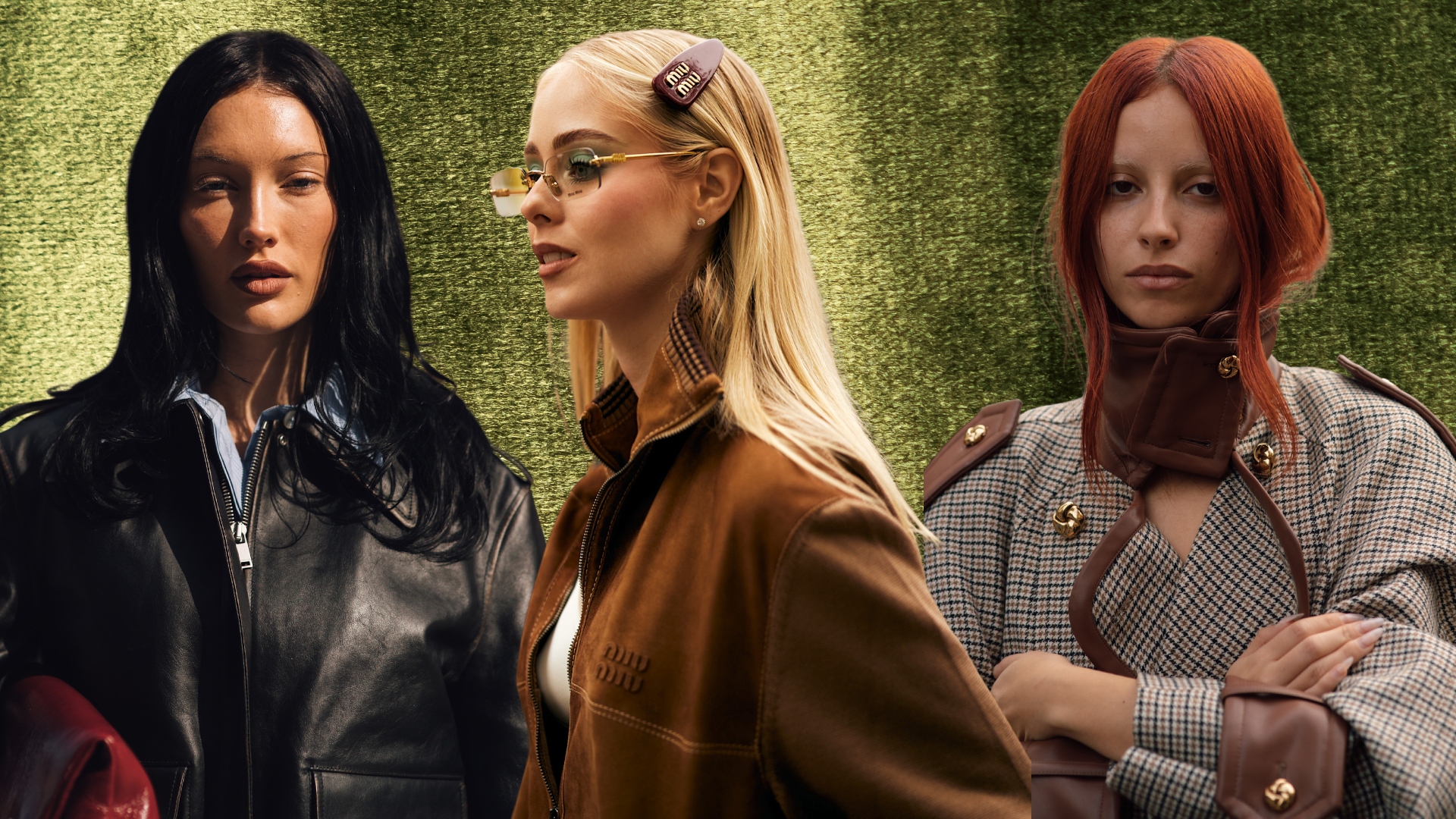 three women with different hair color on an olive green background