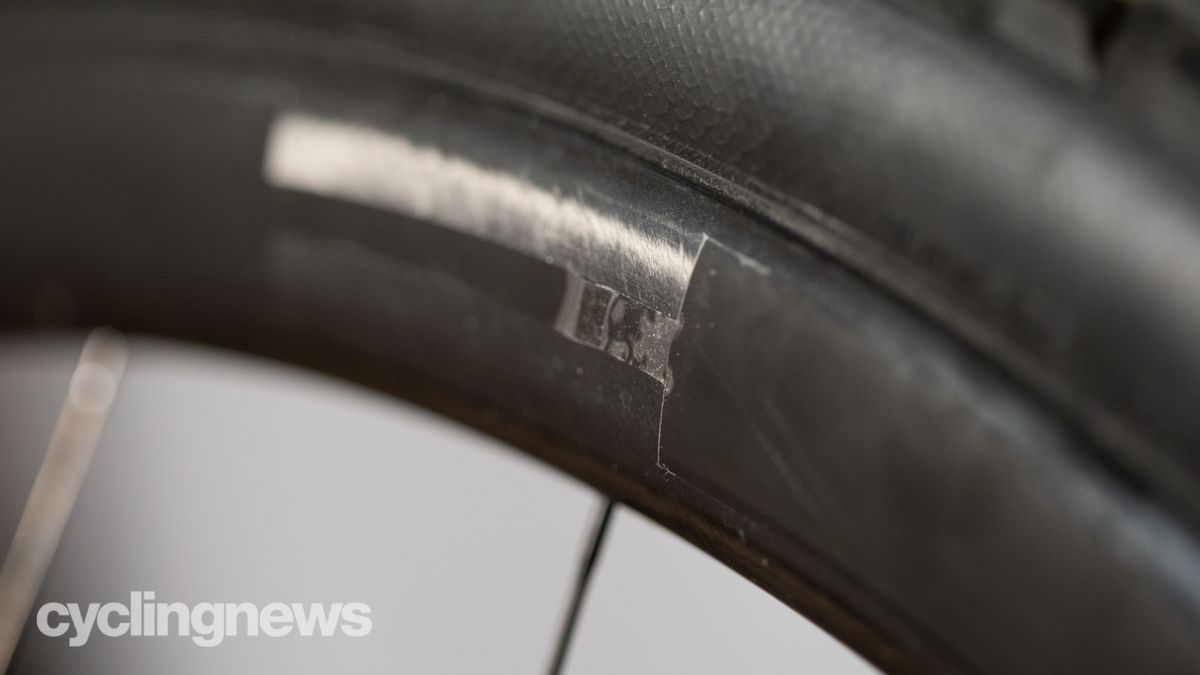 HED Emporia GC3 Pro gravel wheelset detail of pealing vinyl