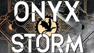 Onyx Storm text on the book cover, with a black dragon at the center. 