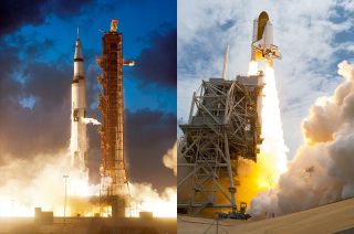 Prior to SpaceX's Falcon 9 arriving on the pad, the Apollo 4 Saturn V liftoff (left) and STS-135 space shuttle launch were the first and last to leave Pad 39A in 1967 and 2011, respectively.