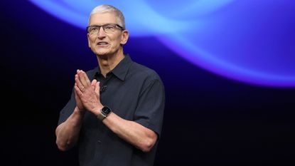 Apple CEO Tim Cook delivers remarks before the start of an Apple event at Apple headquarters on September 09, 2024 in Cupertino, California.