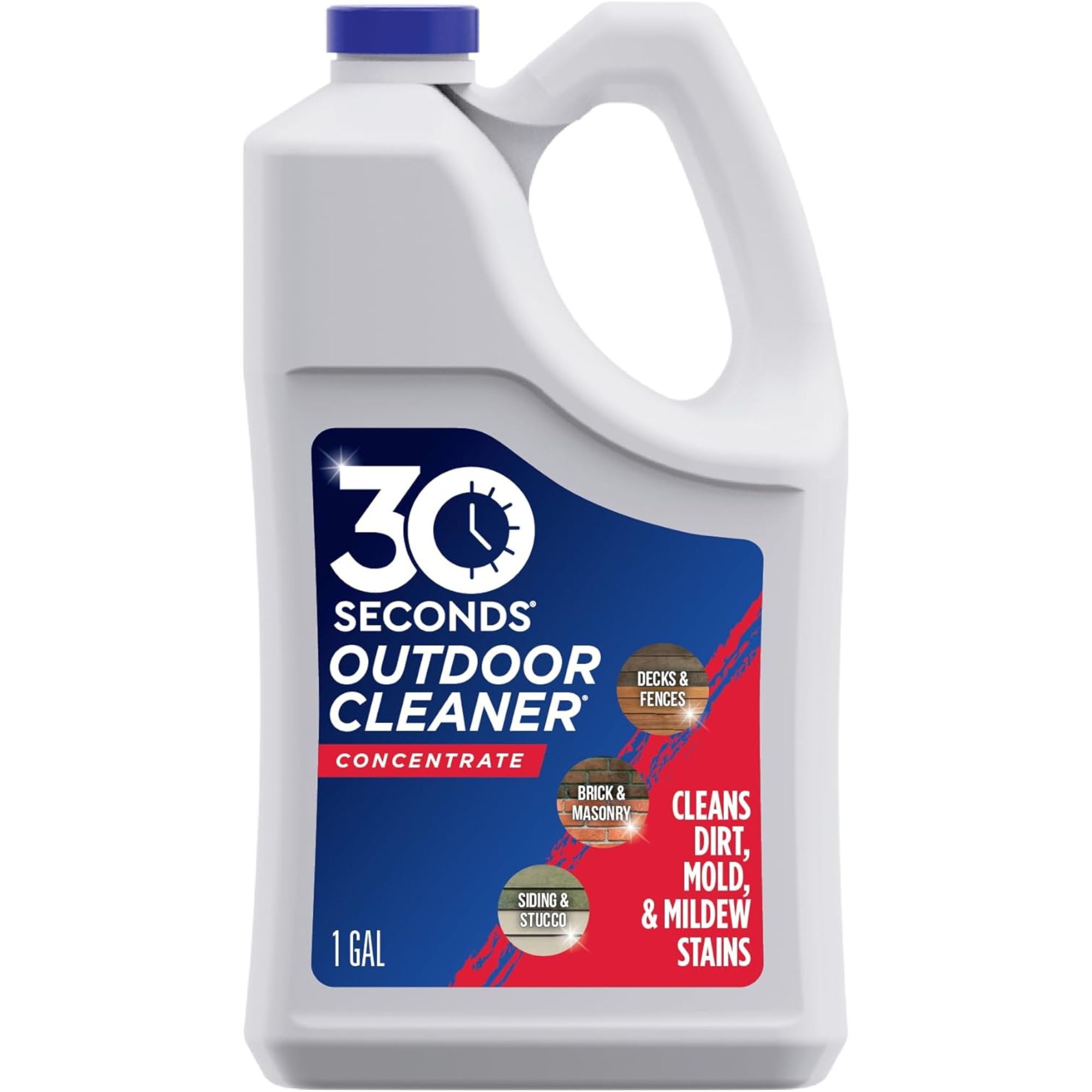 A white plastic bottle of outdoor cleaner with a blue and red label and a blue cap