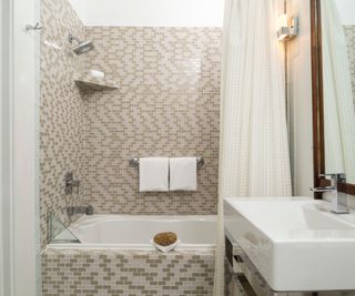 Modern Bathroom with Shower and Vanity, Shower Curtains, Black Dolphin Inn, New Smyrna Beach, Florida