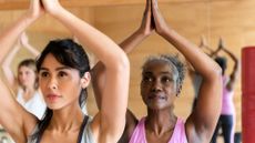 Yoga myths: Two women, one younger and one older, raise their arms in a yoga pose