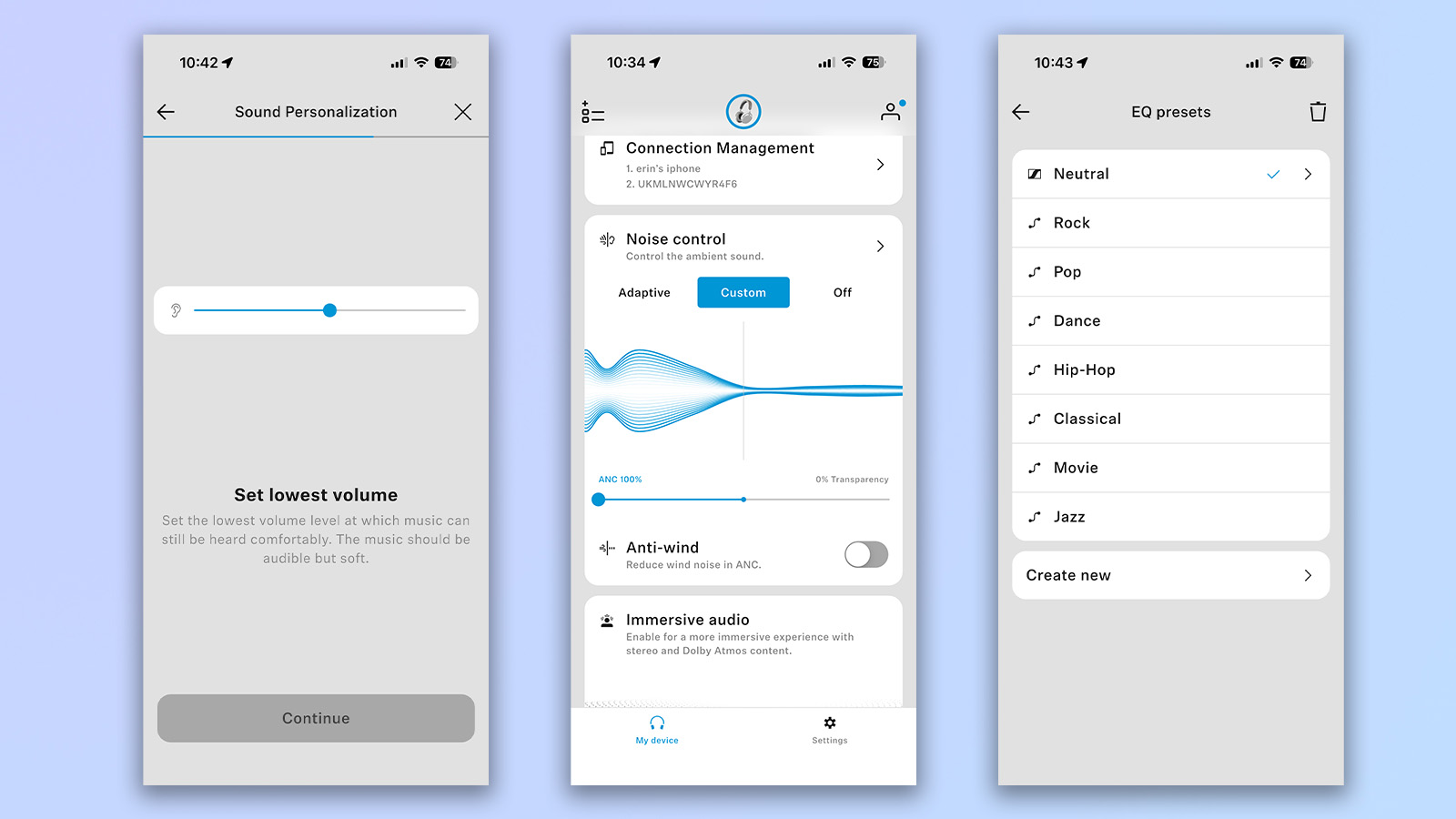 three screenshots from the sennheiser smart control plus app showing usability with the sennheiser momentum 5