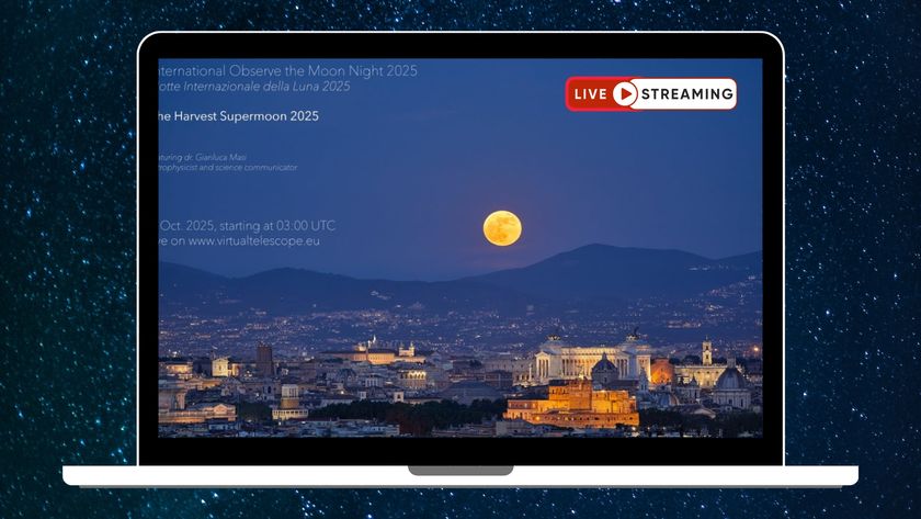 a graphic of a laptop with the view of the full moon livestream on the screen with text saying live streaming in the top right corner and a background of stars behind the laptop.