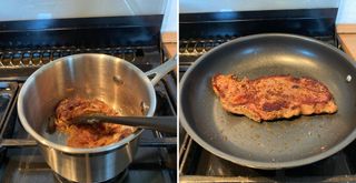 Food being cooked in a small stainless steel saucepan and a non-stick frying pan