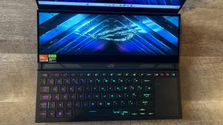 Asus ROG Zephyrus Duo 16 second screen and keyboard close up