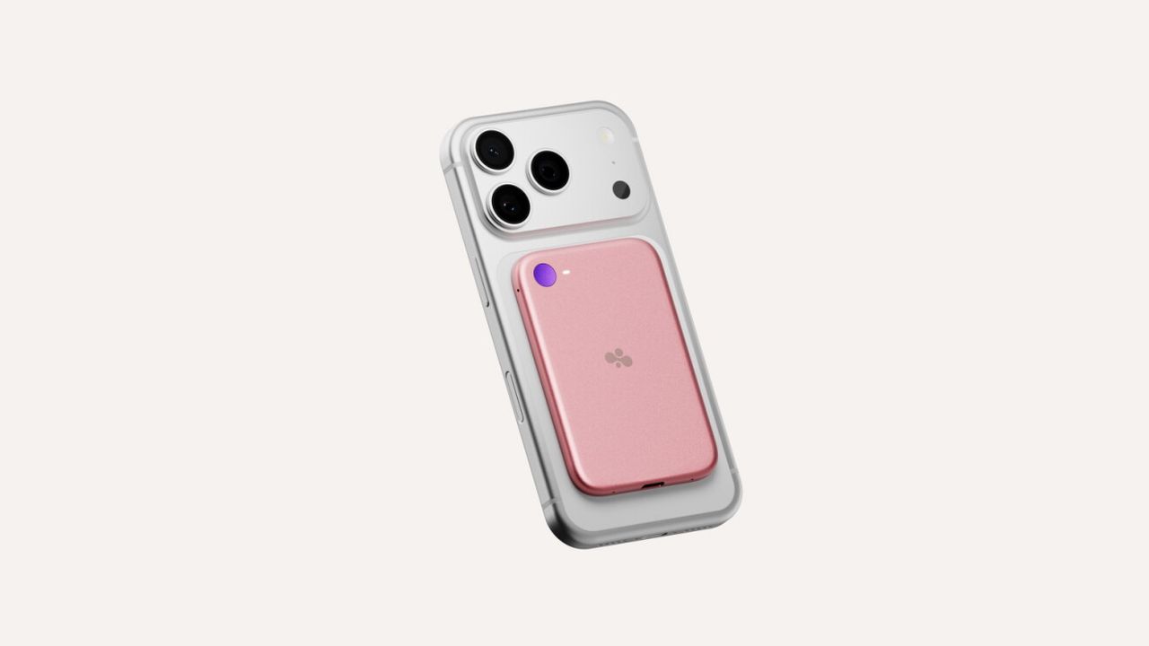 The Amazon BeeEclipse in Blush, magnetically connected to the back of an iPhone.