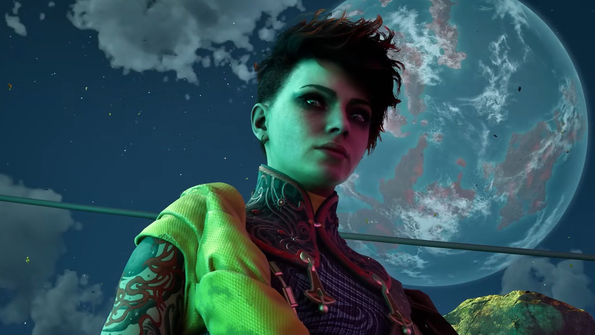 The Outer Worlds 2 - Aza stands in the night in front of a planet overhead