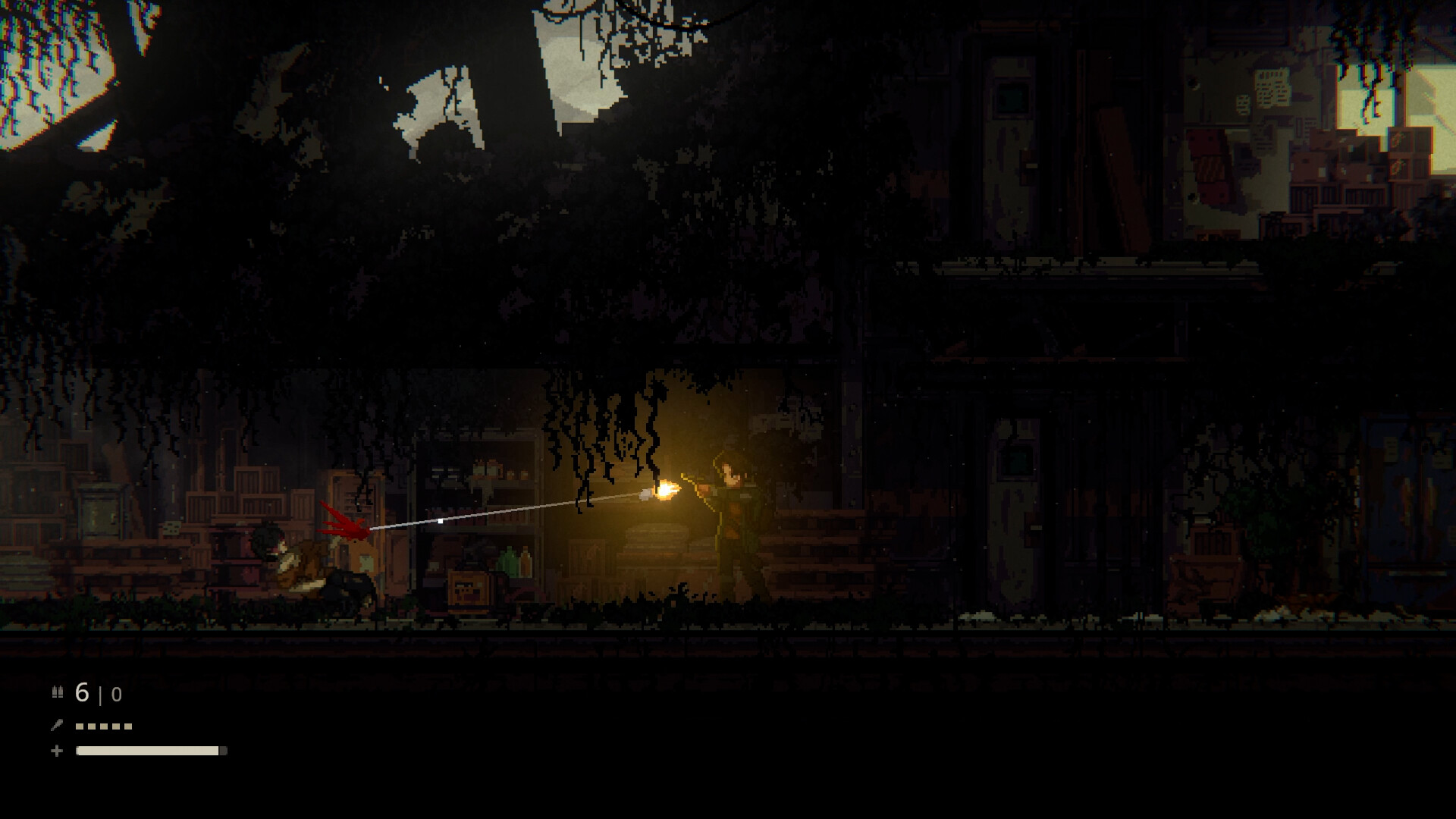 In story-driven survival horror, The Road of Dust and Sorrow, protagonist Katherine fires a shot from a pistol against an enemy lurking in a dark, rundown building