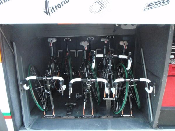 Euskaltel bikes in the team bus