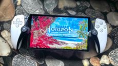 The PlayStation Portal on a counter with the start screen for Horizon Forbidden West