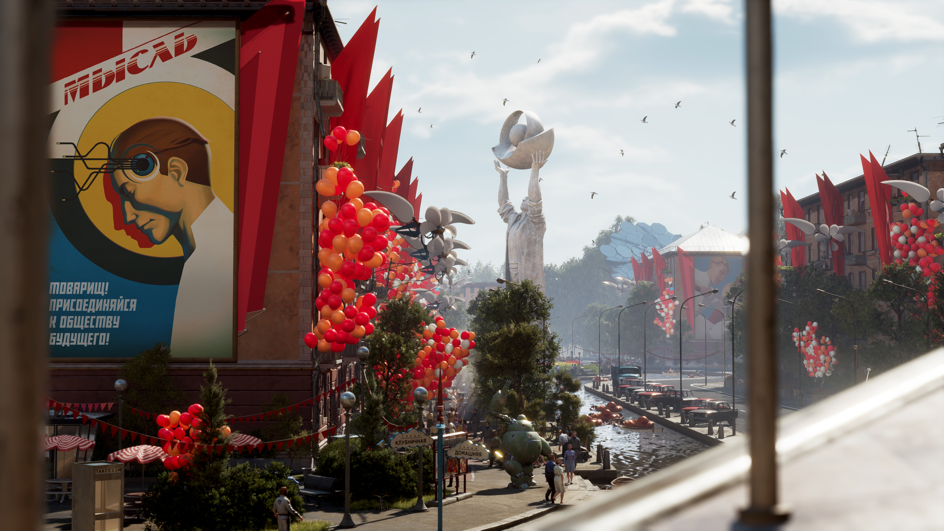 An image of a Soviet city in Atomic Heart, littered with advertisements and propaganda.