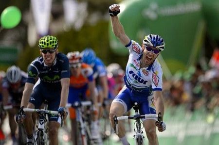Stage 2 winner Jonathan Hivert (Saur-Sojasun) celebrates his victory.