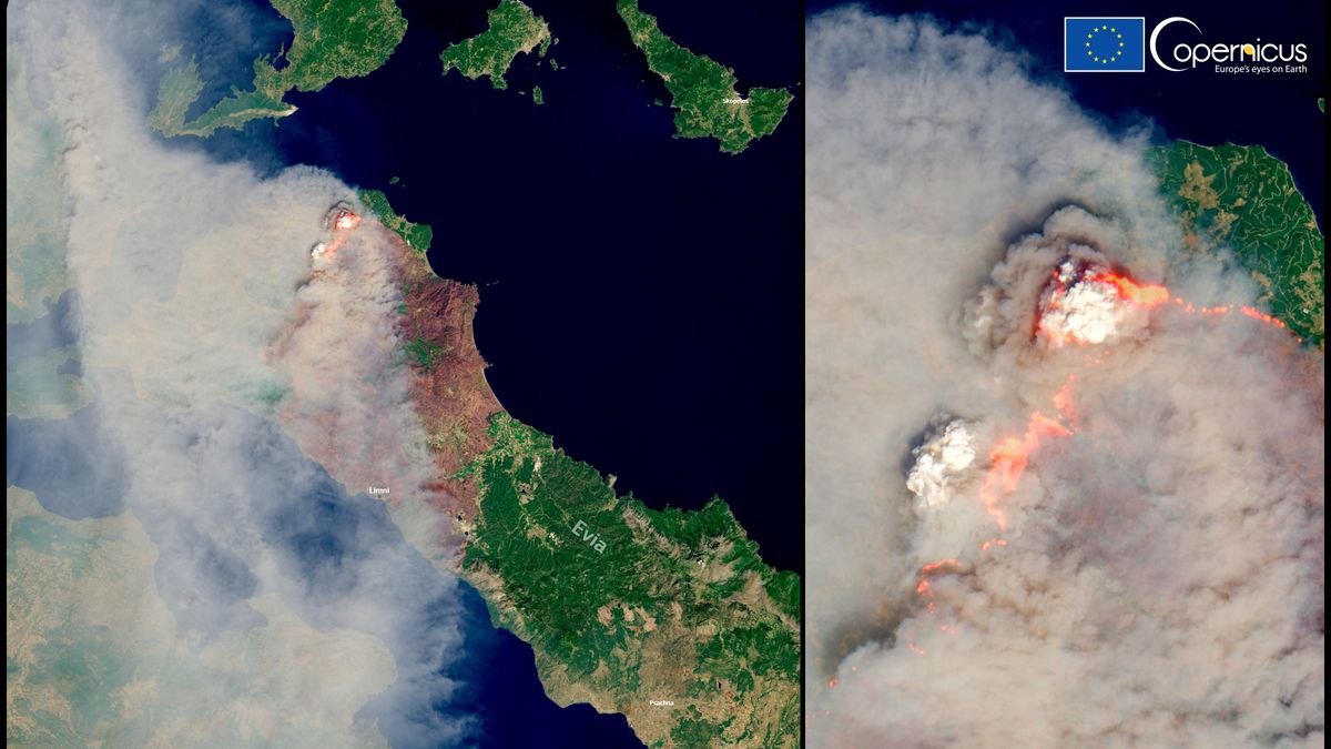 The Greek island of Evia under a thick plume of wildfire smoke.