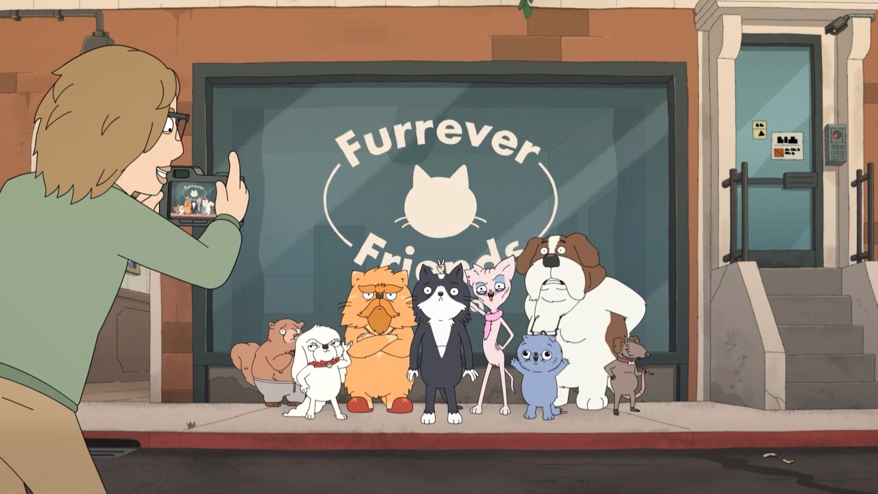 Group of shelter animals posing in front of the Furrever Friends pet rescue while the owner takes a picture in animated series Kevin.