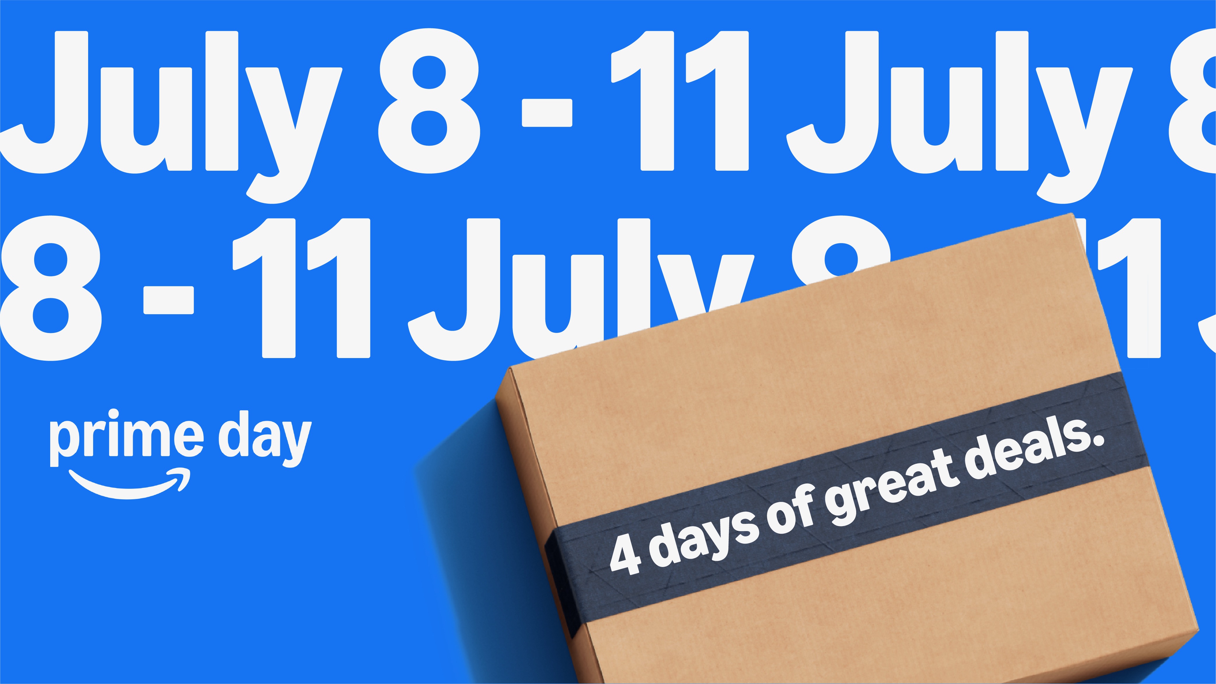 An Amazon cardboard box next to a Prime Day logo and the dates of 8-11 July written in white on a blue background.