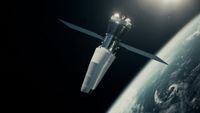 a sleek pointy spacecraft with solar panels above Earth.