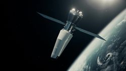 a sleek pointy spacecraft with solar panels above Earth.