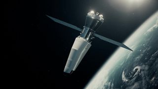a sleek pointy spacecraft with solar panels above Earth.