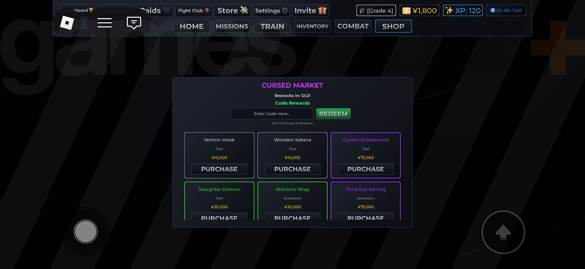 The menu to redeem Jujutsu Kaisen Incremental codes