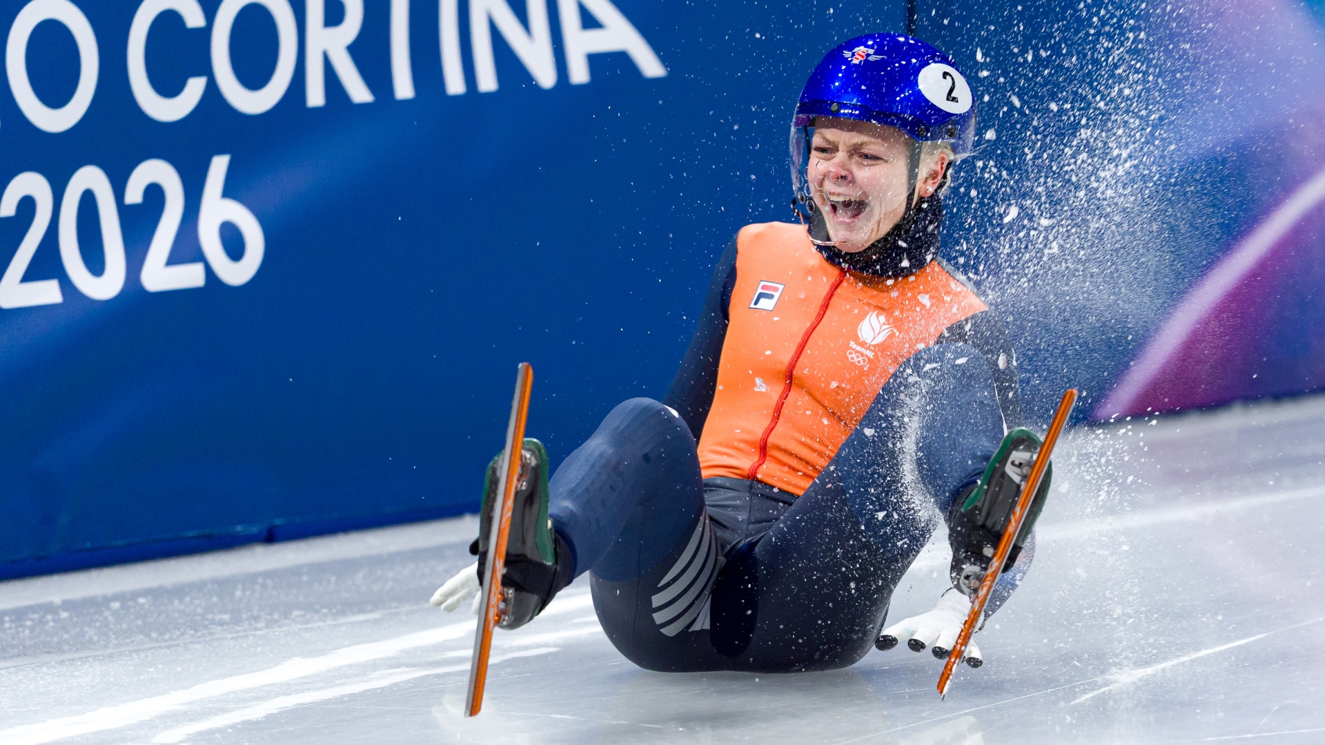 Xandra Velzeboer of the Netherlands crashes during the semi-finals of the 2026 Winter Olympics Short Track Speed Skating Mixed Team Relay