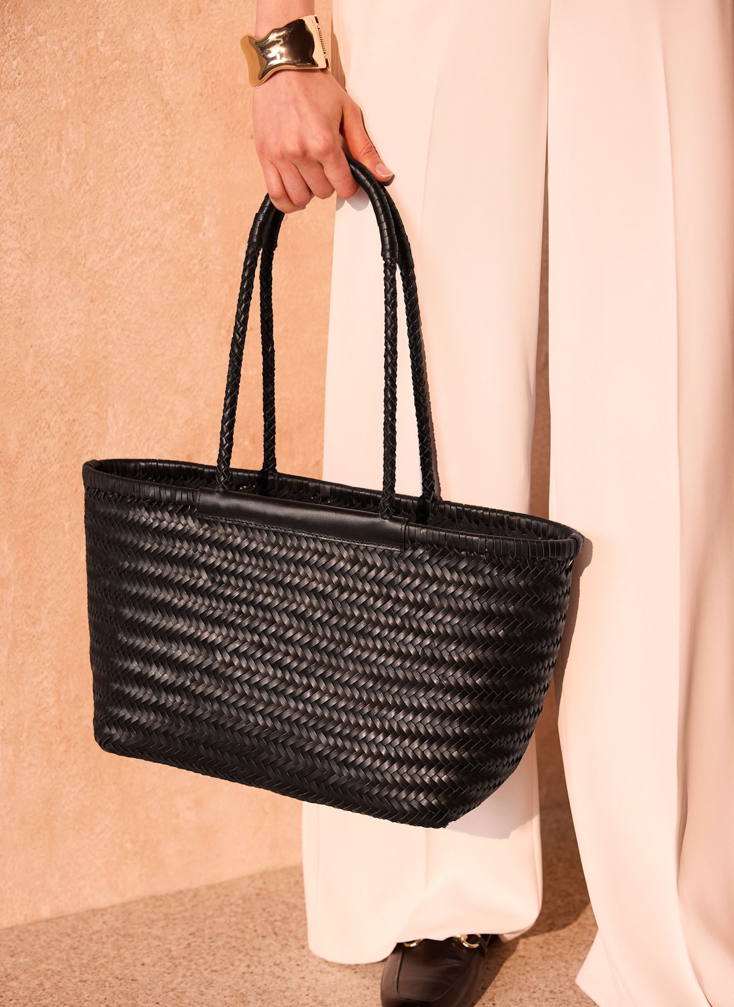 Rae Black Leather Woven Tote Bag