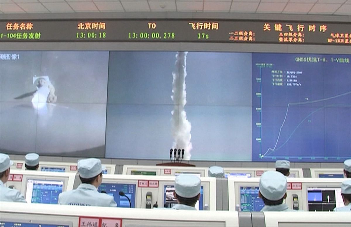 This still from a CCTV video shows scenes from the first successful launch of Hyperbola-1, a privately built orbital rocket built by the Chinese company iSpace. It lifted off from the Jiuquan Satellite Launch Center on July 25, 2019.