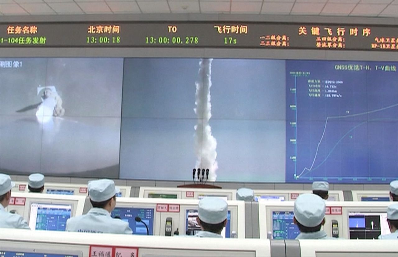 This still from a CCTV video shows scenes from the first successful launch of Hyperbola-1, a privately built orbital rocket built by the Chinese company iSpace. It lifted off from the Jiuquan Satellite Launch Center on July 25, 2019.