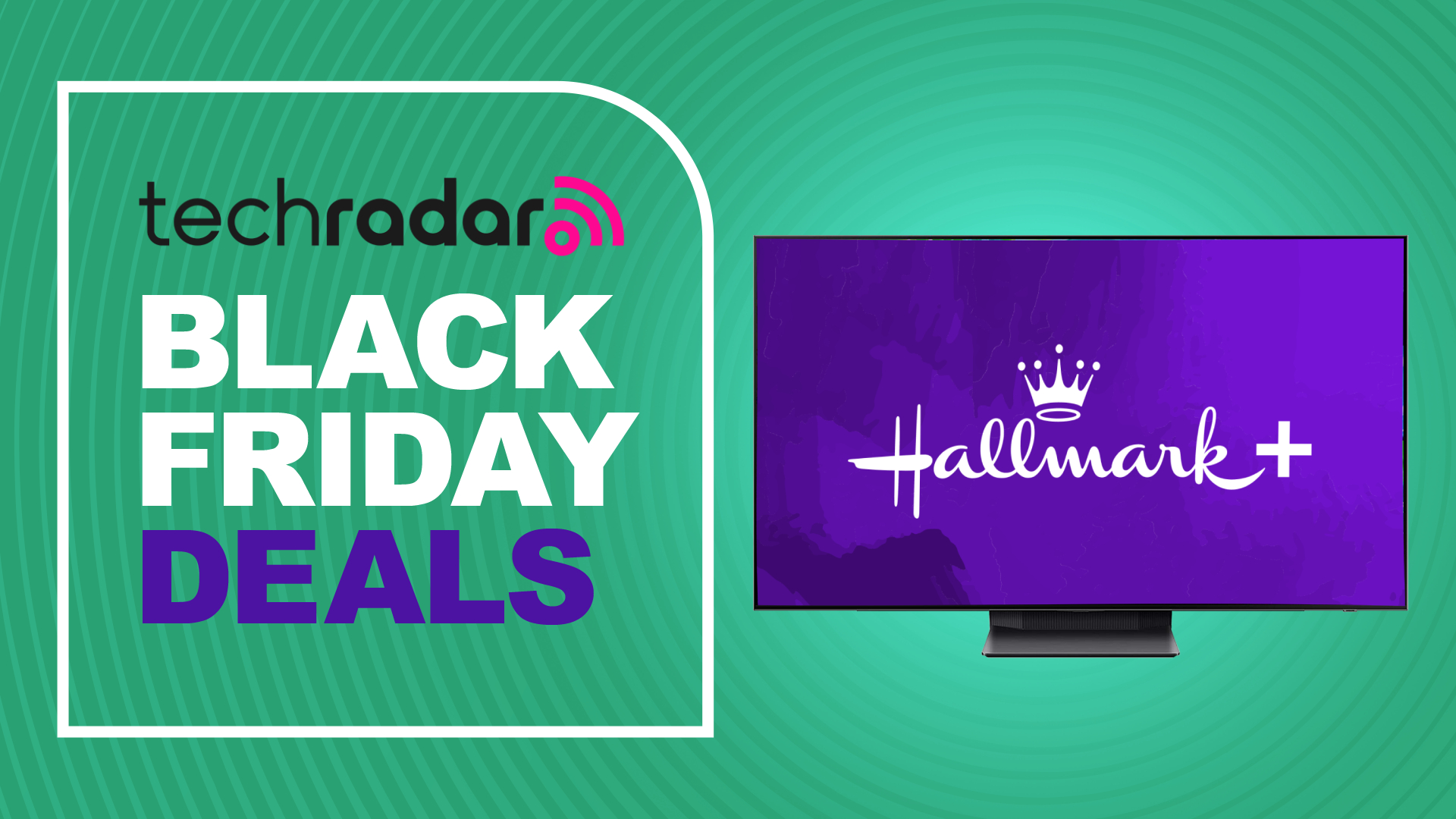 A black friday sign next to a tv with the Hallmark+logo on it 