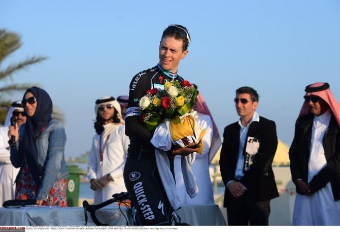 Niki Terpstra receives some flowers on the podium