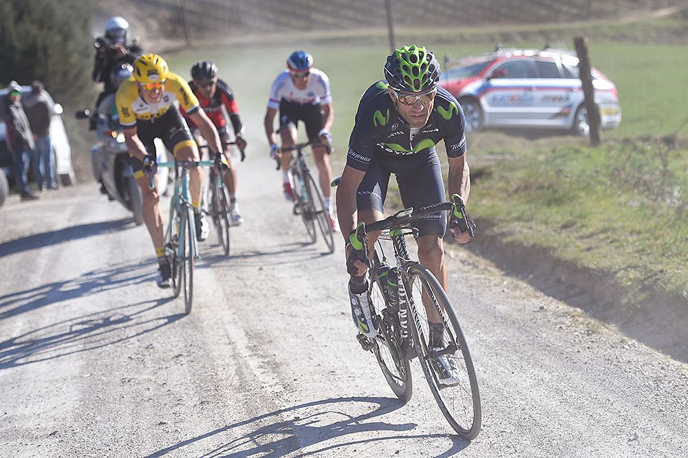Alejandro Valverde (Movistar) on the attack at Strade Bianche
