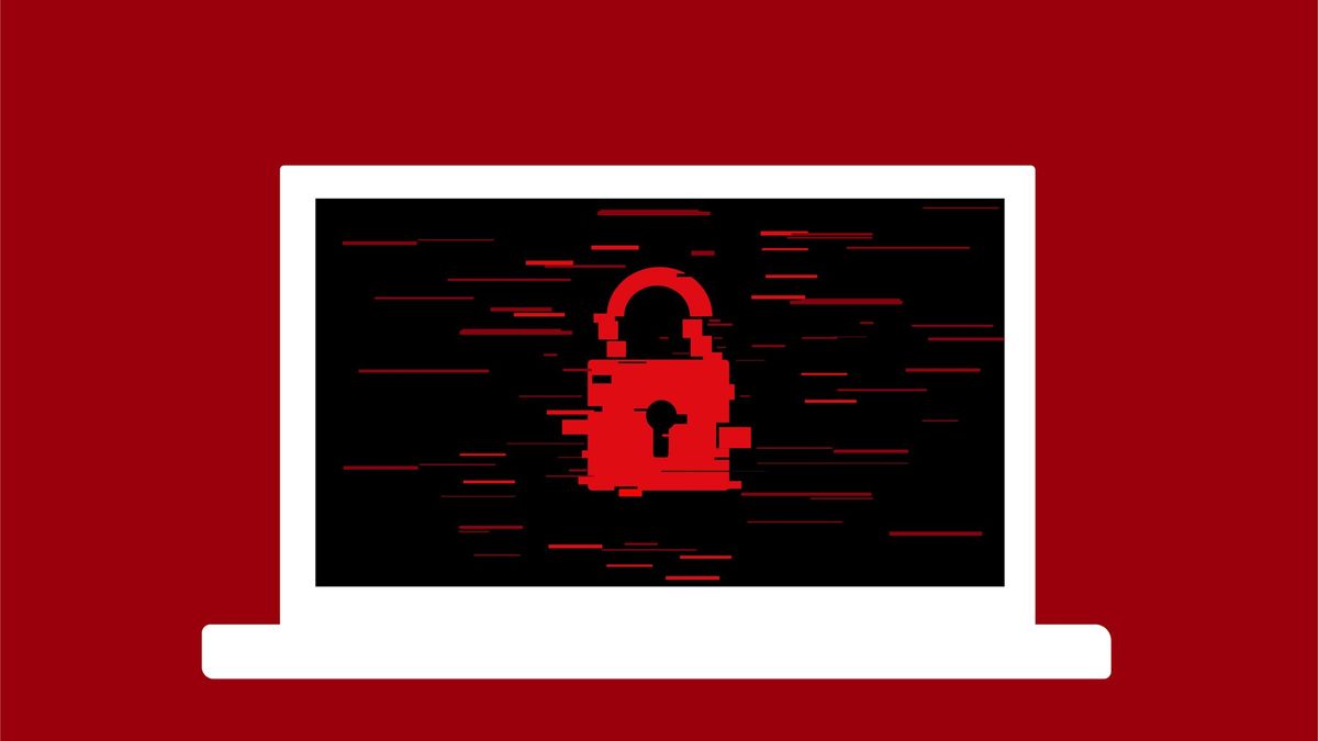 A simple graphic of a white laptop on a red background, with a distorted red padlock showing on the laptop&amp;#039;s otherwise black screen