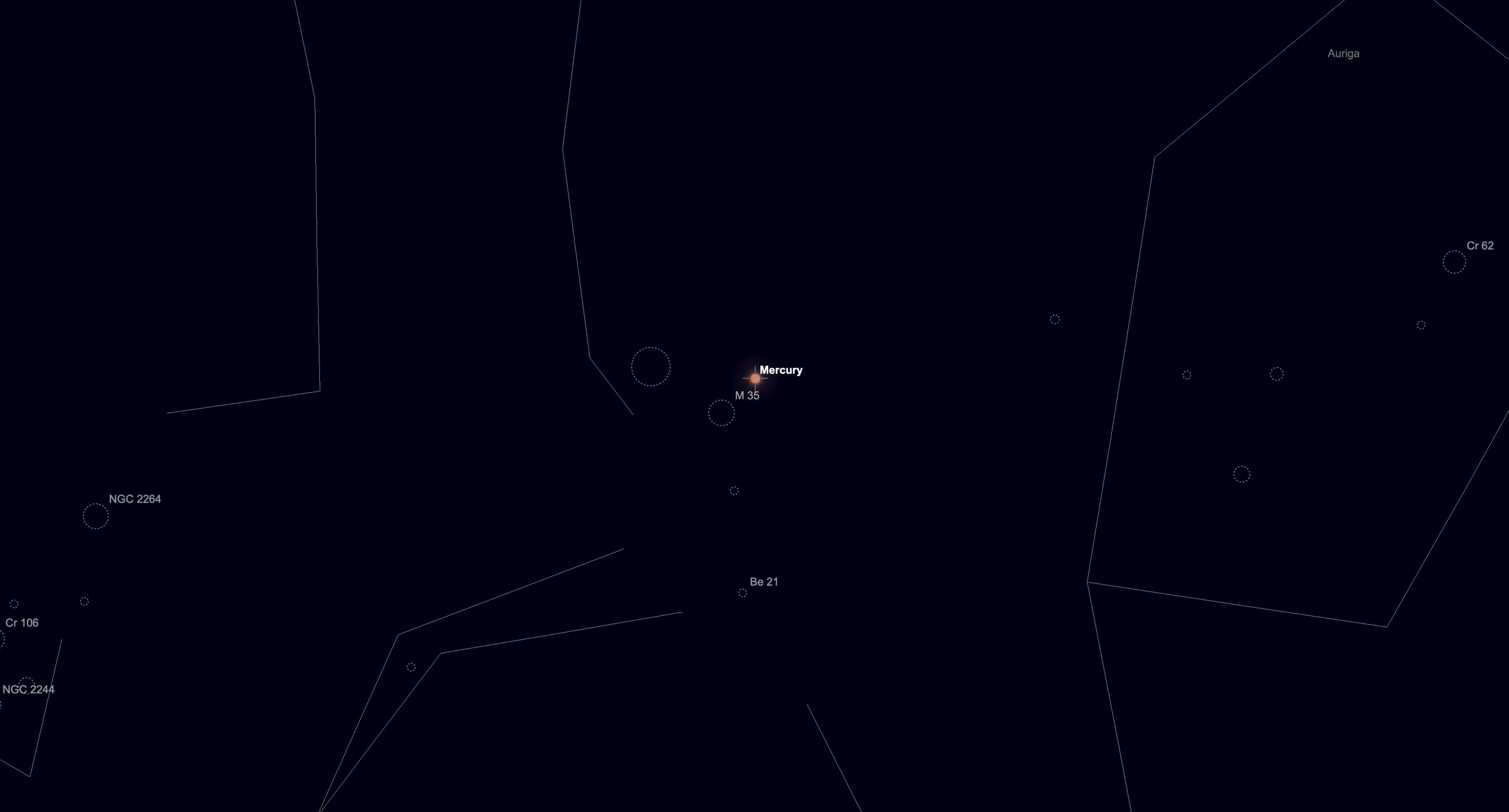 Sky chart showing Mercury positioned beside the open cluster M35 in Gemini during evening twilight.