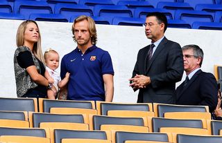 the player wife and Josep Maria Bartomeu in the the presentation of the new FC Barcelona player, Ivan Rakitic, ??on July 2, 2014 Photo: Joan Valls / Urbanandsport / Nurphoto -- (Photo by Urbanandsport/NurPhoto) (Photo by NurPhoto/Corbis via Getty Images)
