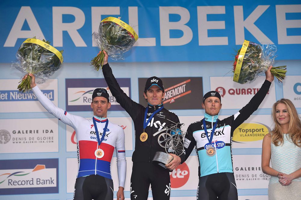 Stybar, Thomas and Trentin on the podium.