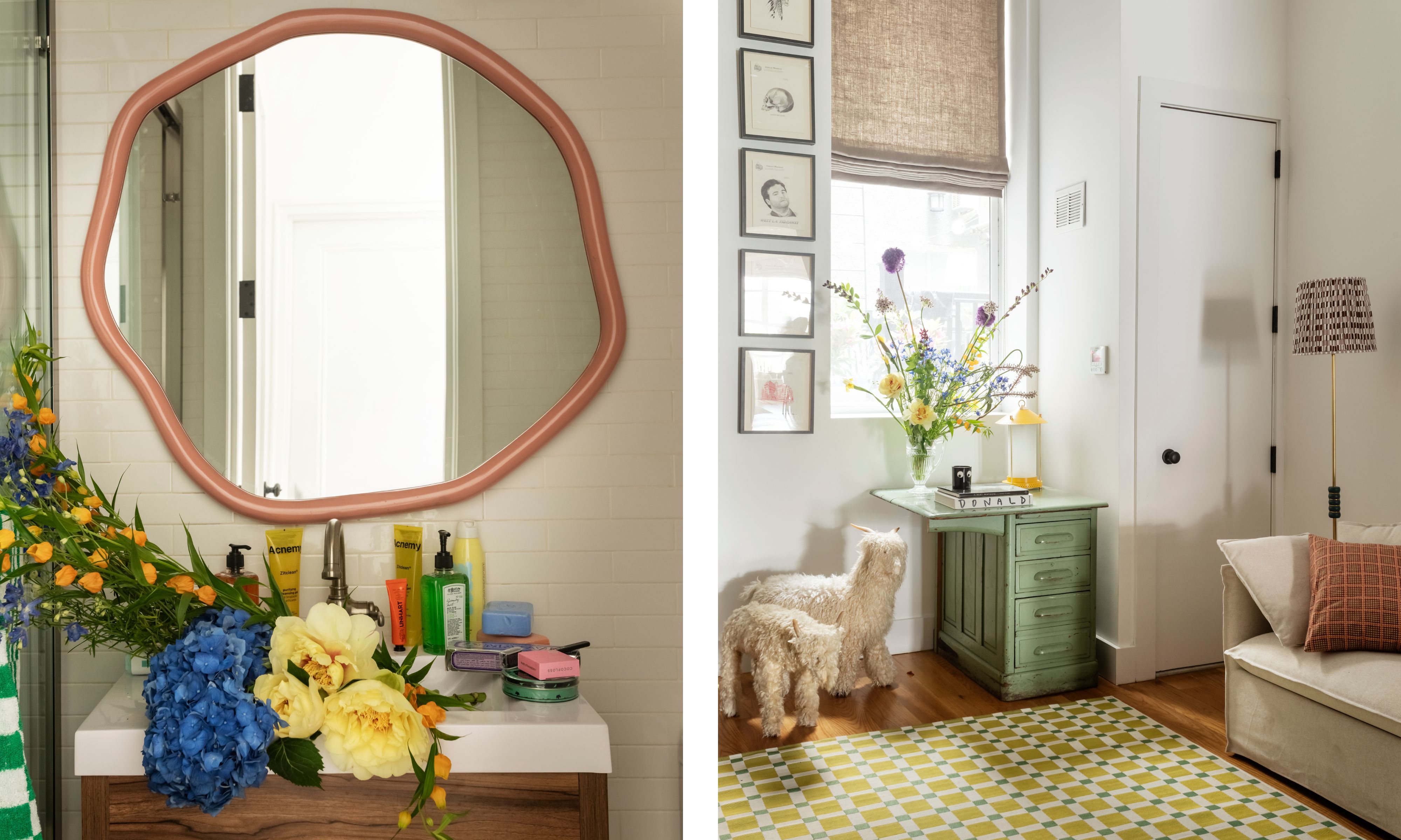 Split image of a bathroom vanity and an entryway with small sofa ana patterned rug