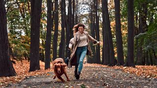 Dog pulling laughing woman through the park on an autumn day