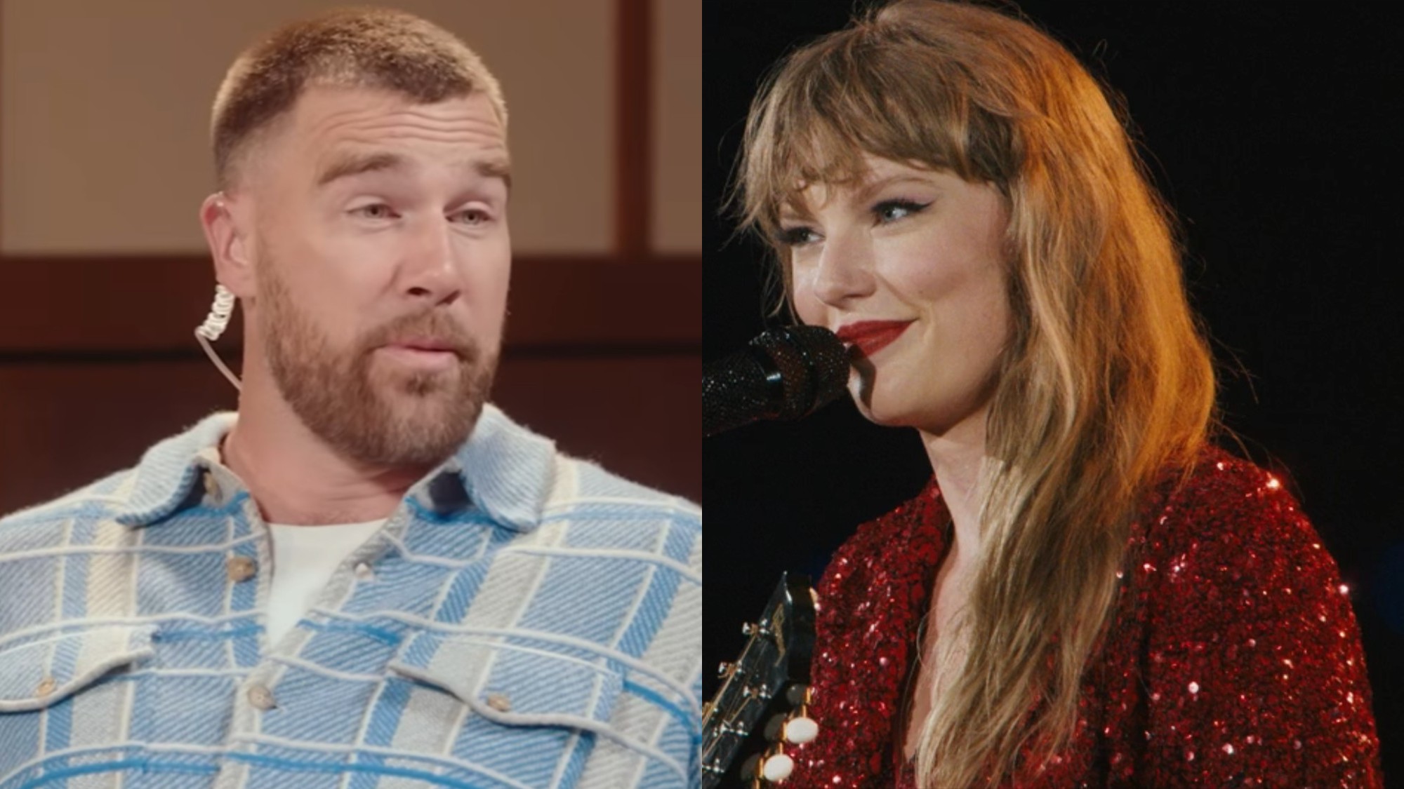 From left to right: Travis Kelce talking on New Heights and Taylor Swift talking into a mic during the Red section of The Eras Tour.