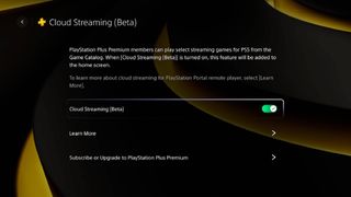 PlayStation Portal setting menu highlighting the Cloud Streaming (Beta) feature