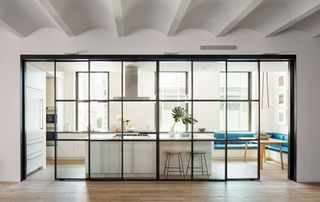 modern kitchen with pocket doors