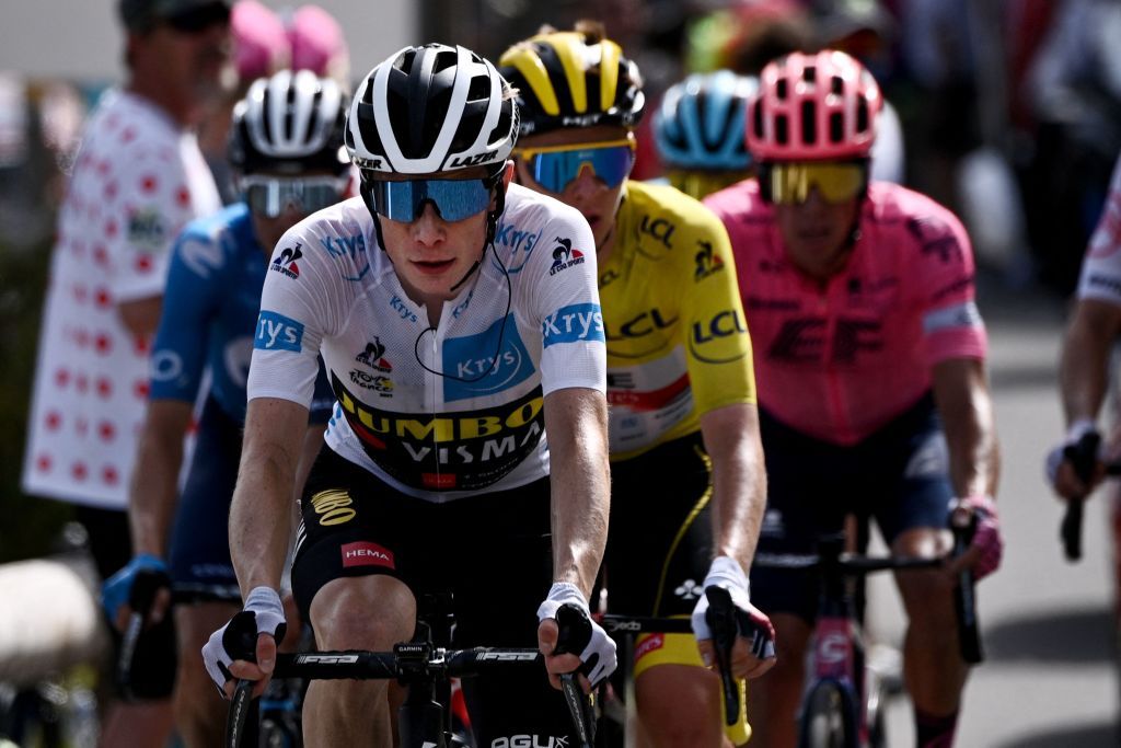 From L Team Jumbo Vismas Jonas Vingegaard of Denmark wearing the best youngs white jersey rides ahead of Team UAE Emirates Tadej Pogacar of Slovenia wearing the overall leaders yellow jersey and Team Education Firsts Rigoberto Uran of Colombia during the 15th stage of the 108th edition of the Tour de France cycling race 191 km between Ceret and AndorreLaVieille on July 11 2021 Photo by AnneChristine POUJOULAT AFP Photo by ANNECHRISTINE POUJOULATAFP via Getty Images