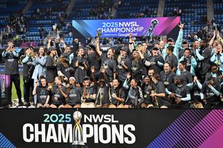 SAN JOSE, CALIFORNIA - NOVEMBER 22: Esther Gonzalez #9 of NJ/NY Gotham FC and teammates celebrate with the Champion's trophy after winning the NWSL Championship 2025 final between Washington Spirit and NJ/NY Gotham FC at PayPal Park on November 22, 2025 in San Jose, California. 