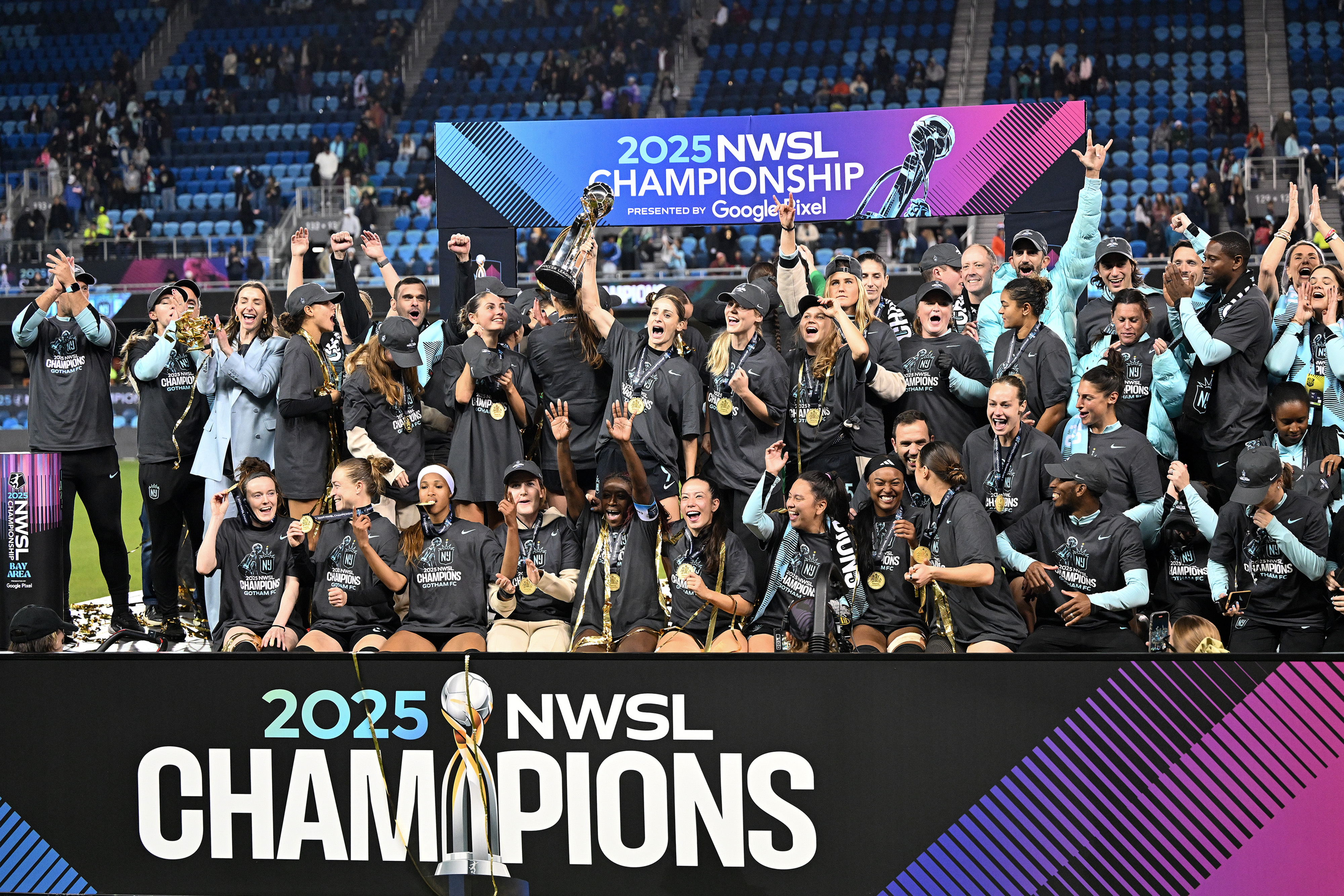 SAN JOSE, CALIFORNIA - NOVEMBER 22: Esther Gonzalez #9 of NJ/NY Gotham FC and teammates celebrate with the Champion's trophy after winning the NWSL Championship 2025 final between Washington Spirit and NJ/NY Gotham FC at PayPal Park on November 22, 2025 in San Jose, California. 