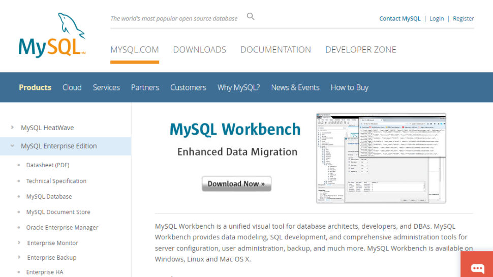 Captura de pantalla del sitio web de MySQL Workbench.