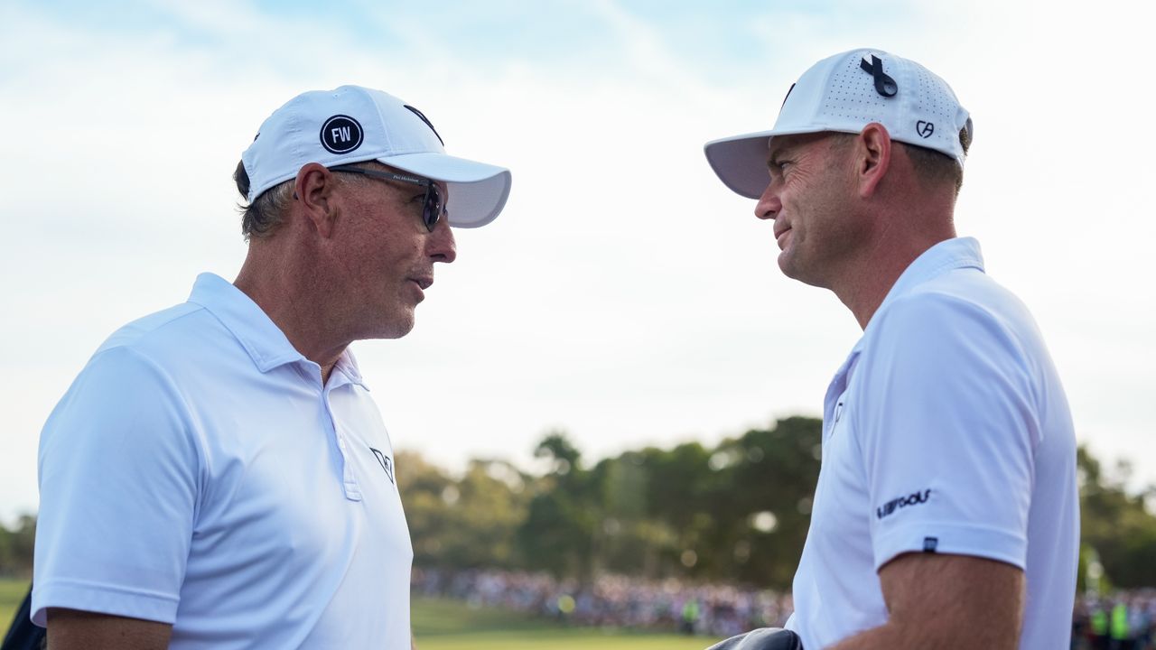 Phil Mickelson speaks to Brendan Steele following Steele&#039;s win at LIV Golf Adelaide