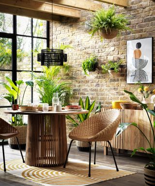 Bright garden room filled with plants and an exposed brick wall at back of room