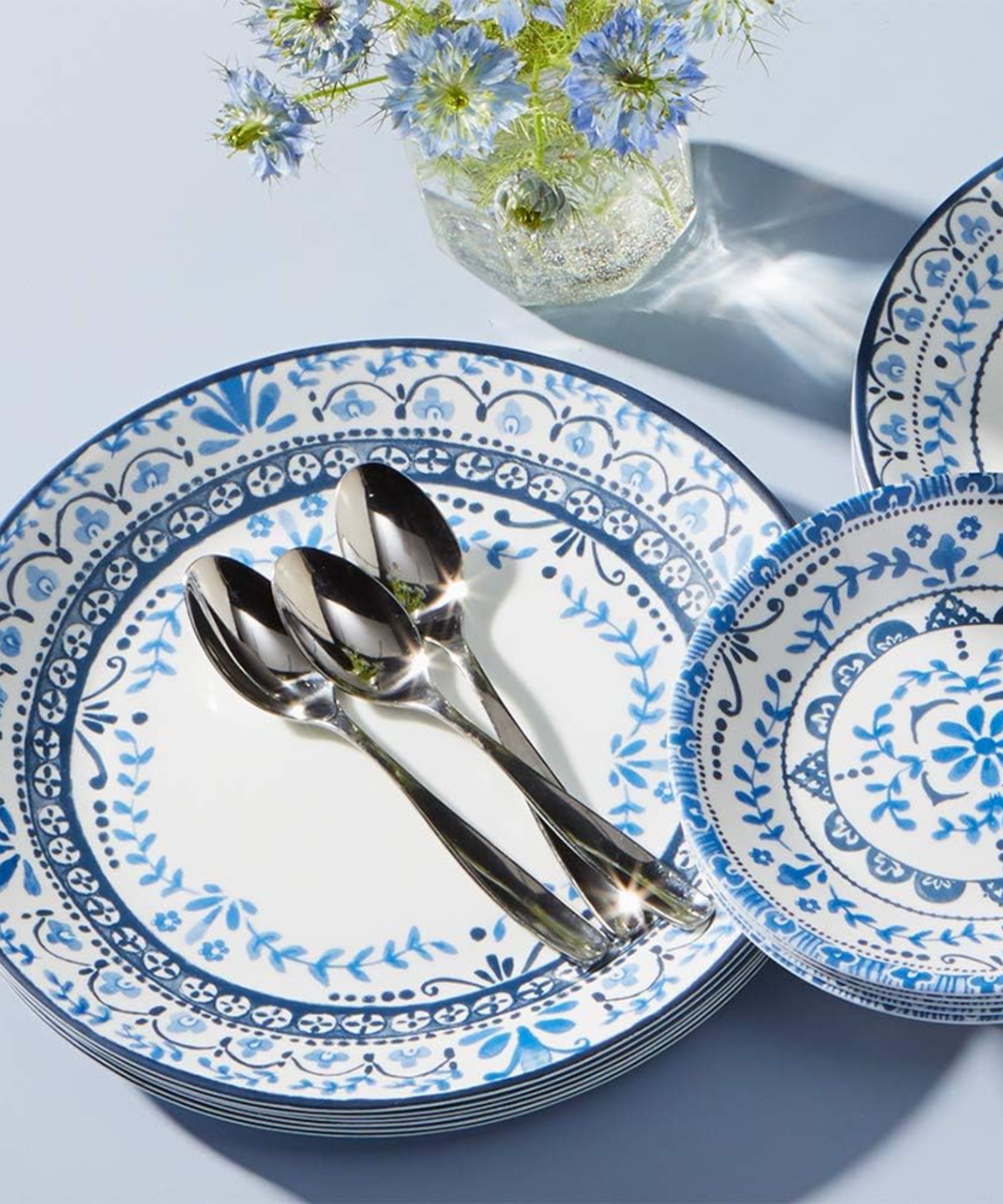 Blue and white patterned dinnerware set